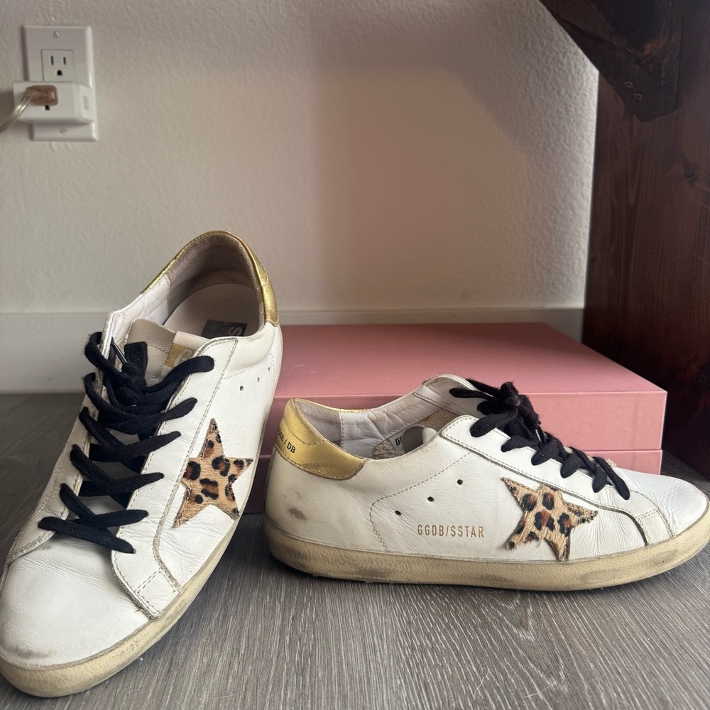 Golden Goose White Sneakers with Gold Heel and Leopard Star